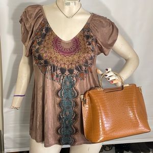 SALE! One World tan studded embellished stretch short sleeve tunic length top